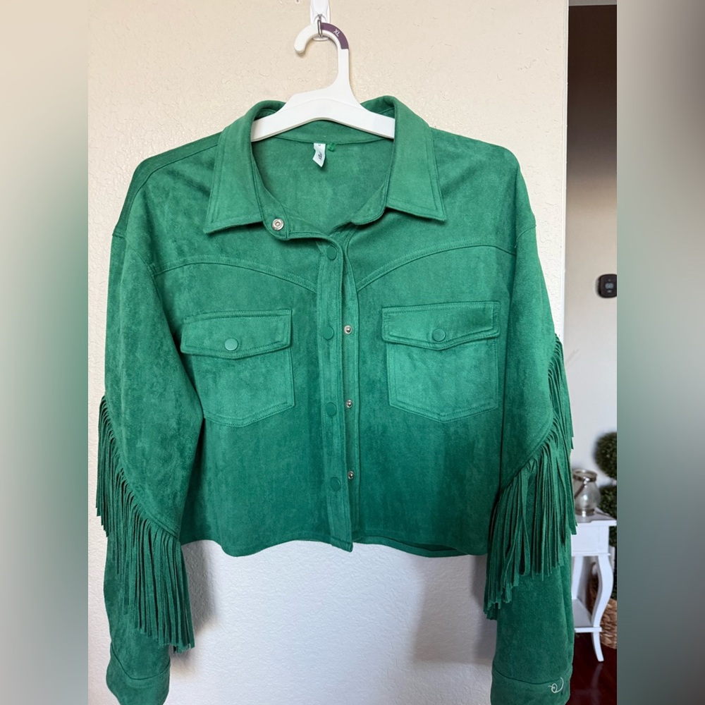 Green Suede Fringe Jacket medium Glam - Picture 5 of 13